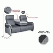 Canapé 3 places électrique Cabries - 2 relax zéro gravité - bi-color microfibre plomb/gris perle avec têtières ajustables et port USB_3