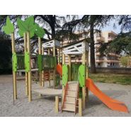 3722 - Ma cabane, structure pour aire de jeux Transalp - 2 tours H 1.35 m avec toboggans, filet et panneaux ludiques_3