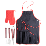 Set barbecue 5 pièces - 3 accessoires inox avec poignées en bois, gant et tablier polyester - Couleur noire_3