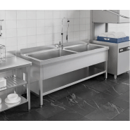 Plonge batterie en acier inoxydable avec 2 grands bacs 180x70 cm_3