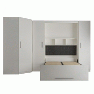 Composition armoire lit escamotable angle Lutecia blanc mat - 350 x 100 cm - Couchage 140 x 190 cm avec rangements intégrés_3