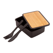 Boîte à lunch - plastique PP recyclé - couvercle en bambou - 500 ml - avec couverts et sangle élastique_3
