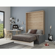 Armoire lit escamotable Bermudes Sofa - chêne bandeau blanc - canapé gris 140x200 cm avec coffre_3