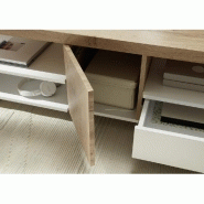 Table basse REAUX 120 x 60 cm - décor chêne et blanc laqué mat avec rangement, roulettes et niches_3