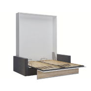 Armoire lit escamotable DJUKE SOFA - Blanc bandeau chêne - Canapé gris 160x200 cm avec coussins et coffre intégré_3