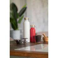 Thermos en inox à double paroi - 500 ml - Couvercle en bambou et accroche en métal - Couleur rouge_3