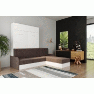 Lit escamotable DYNAMO SOFA - canapé angle méridienne réversible blanc avec accoudoirs tissu marron 140x200 cm_3