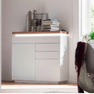 Buffet haut Romina - 2 portes, 3 tiroirs, laqué blanc mat, plateau chêne noueux huilé, avec LED intégrées_3