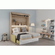 DUO SOFA - Armoire lit escamotable avec canapé moutarde - 2 lits indépendants 90x200 - Structure chêne, façade blanche_3
