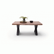 Table basse Claren - plateau 110 cm en acacia teinte noyer - piétement en X laqué anthracite_3