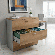 Armoire de Bureau : Classeur Professionnel 3 Tiroirs pour Dossiers Suspendus - 120, Gris aluminium, Acacia foncé_3
