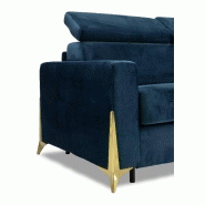 Canapé convertible express Odacio - sommier à lattes 140 cm, têtières réglables, matelas 16 cm, pieds dorés, velours bleu nuit_3