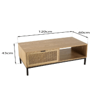 Table basse MARCI - 1 niche, 2 tiroirs avec cannage naturel et structure métal noir_3