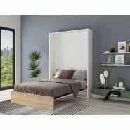 Armoire lit escamotable Aladyno - Blanc mat et bandeau chêne - 140x200 cm avec système d'ouverture assistée_3