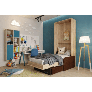 Lit escamotable style industriel KEY SOFA - canapé avec accoudoirs tissu marron, tiroirs de rangement, 90x200 cm_3