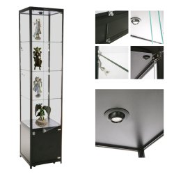 Vitrine d'exposition LED - H.200 x L.45 x P.45 cm - Noir - Réf.2228407 - Verre sécurité, aluminium robuste, éclairage LED