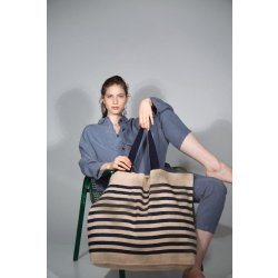 Grand sac fourre-tout en toile juco - avec soufflet et anses contrastées - Réf: KI0228 - Marque Kimood
