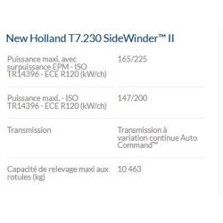 T7.230 Sidewinder II - Tracteur agricole New Holland - Puissance 165/225 kW/ch - Technologies embarquées et moteur Tier 4B