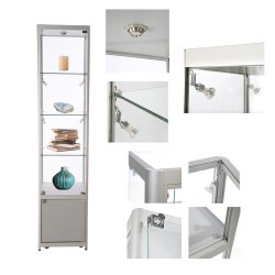 Vitrine Exposition Aluminium LED H 200 x L 45 x P 45 cm - Gris Alu - Réf.2228406 - Vitrine Haute 4 étagères avec éclairage Led et réserve en panneaux bois stratifiés