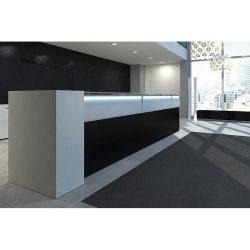 Banque d'accueil Nice 01 - Plans en MDF avec finitions variées et étagères en bois ou verre trempé
