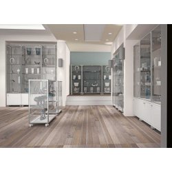 Comptoir vitrine en verre trempé sécurit avec serrure - aluminium blanc - L 71 x P 37 x H 90 cm - sur roulettes