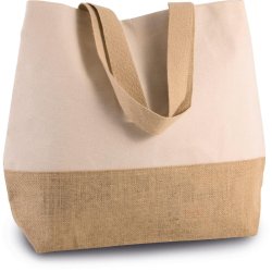 Sac shopping en toiles de coton et jute - Grand fourre-tout avec fond laminé - Poche intérieure zippée - Réf: KI0235