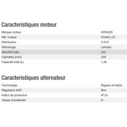 Perform 7500 T C5 groupe électrogène - Kohler - gamme PERFORM - puissance max 6,50 kW / 8,10 kVA - 50 Hz