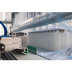 Ensacheuse automatique de flacons - conditionnement thermoplastique en LDPE avec tapis transporteur et palettiseur