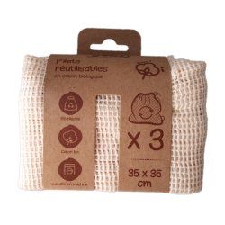 15 packs de 3 filets réutilisables en coton biologique - 35x35 cm - Boîte prête à vendre - Aptes au contact alimentaire