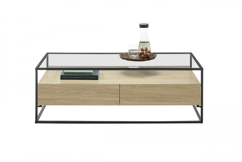 Table basse design Edmonton 120 cm - décor chêne, piètement acier époxy, plateau verre trempé, 2 tiroirs_4