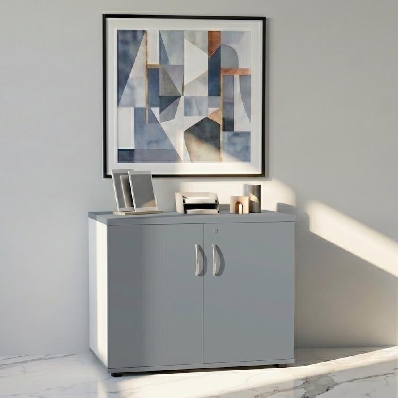 Armoire de bureau avec portes décor bois - MDD - Gris aluminium, Blanc pastel_4