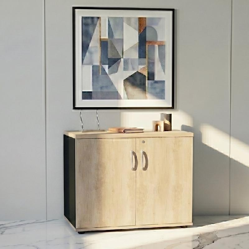 Armoire de bureau avec portes décor bois - MDD - Noir, Chêne naturel_4