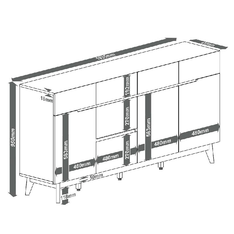 Buffet Cachan blanc laqué mat - 6 tiroirs, 3 portes, piétement en chêne massif_4