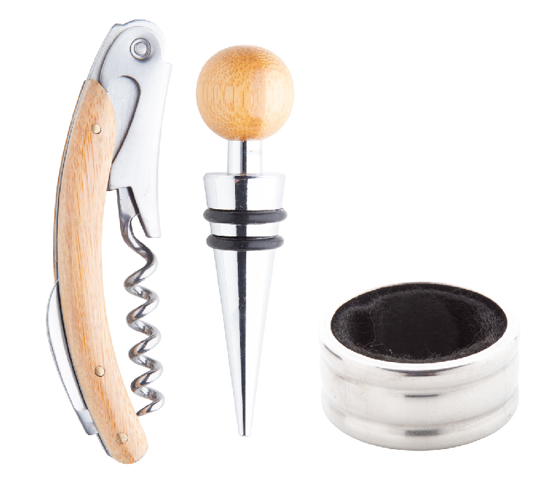 Set à vin - tire-bouchon, bouchon et stop-gouttes - boîte en bambou_4