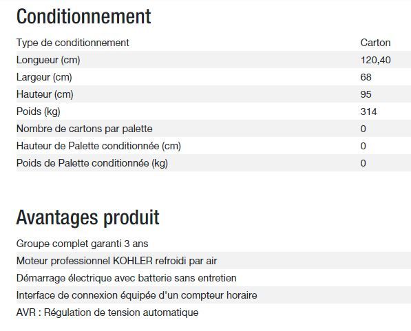 Groupe électrogène Kohler Diesel triphasé avec fréquence 50 Hz