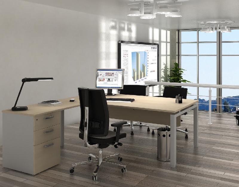 Bureau compact  ECO avec caisson - Mobel Linea. - Argent Ral 9006, 160, Blanc, Gauche_0