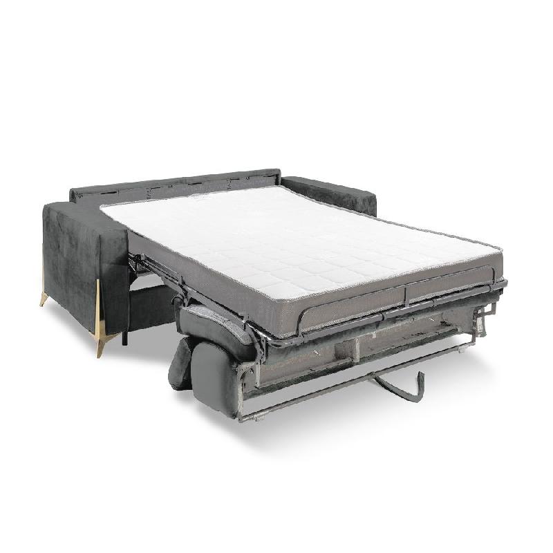 Canapé convertible express ODACIO - Sommier à lattes 140x197cm - Matelas 16cm - Têtières réglables - Pieds dorés - Velours gris_4