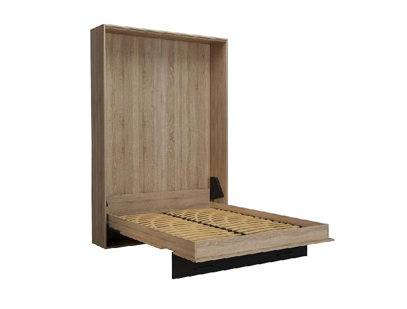 Composition lit escamotable style industriel KEY bi-ton chêne et noir mat - 140x200 cm - L255 x P42 x H219,1 cm avec colonnes de rangement_4