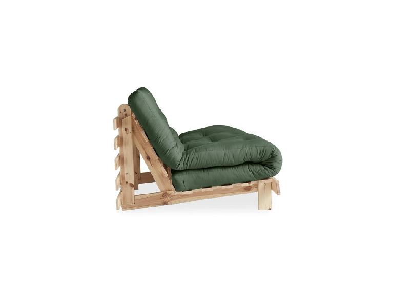 Canapé convertible futon ROOTS - Pin naturel - Tissu vert olive - Couchage 160x200 cm - Design japonais et scandinave_4