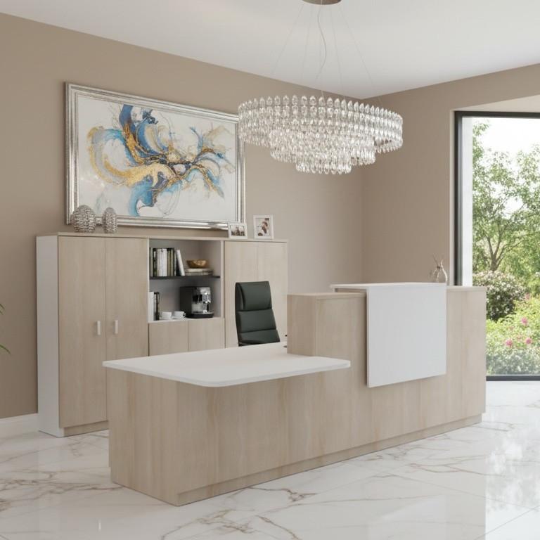 Banque d'accueil Delta Plus avec PMR et réhausse - Mobel Linea - Blanc mat, Gauche, Acacia clair, Non, 282_4
