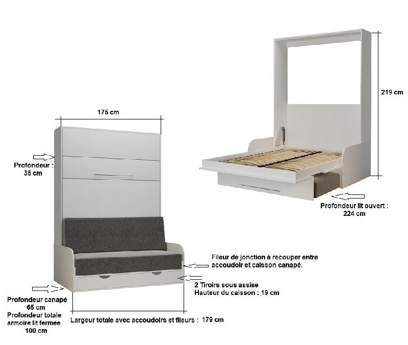 Armoire lit escamotable KOMPACT SOFA - canapé avec accoudoirs et tiroirs - blanc mat et tissu gris - couchage 160x200 cm_4