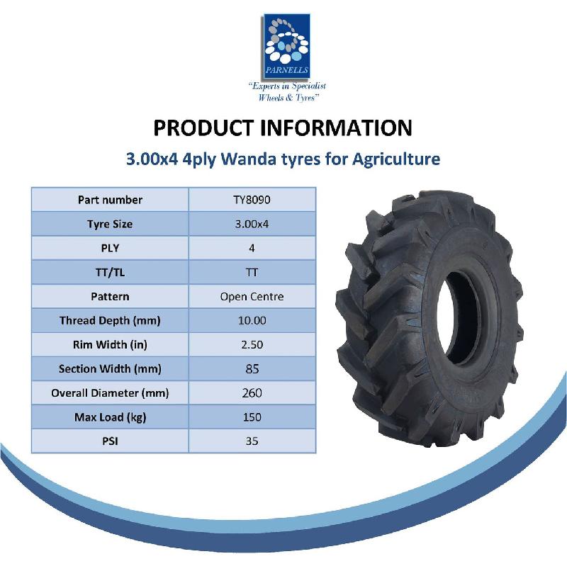 3.00x4 Open Centre Cleated Rotovator Lug Tyre 20mm Roller Bearing Rim (Set of 4)_4