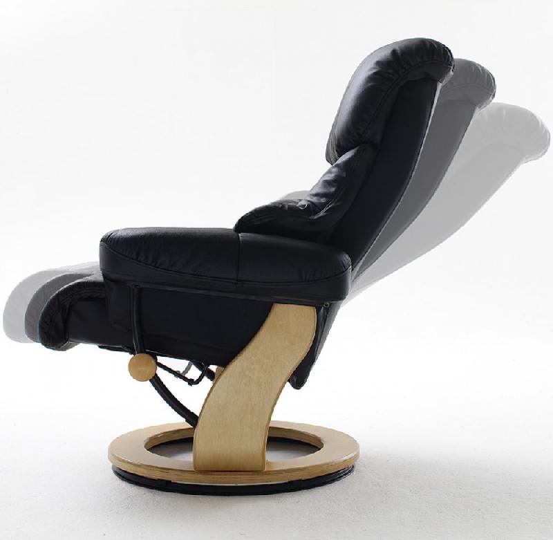 Fauteuil relax Clairac - cuir noir, pied en bois naturel avec repose-pied - inclinable 135° et pivotant 360°_4