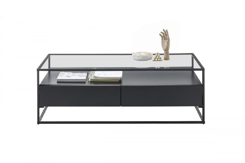 Table basse design Edmonton 120 cm - noir mat, plateau en verre trempé, piètement métal noir, 2 tiroirs_4