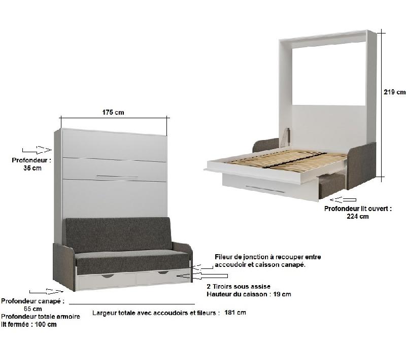 Armoire lit escamotable KOMPACT SOFA blanc mat - canapé avec accoudoirs et tiroirs tissu gris - couchage 160x200 cm_4