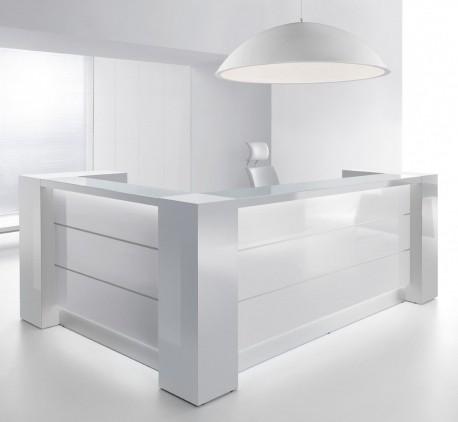 Bureau d'accueil lumineux Valde avec rangements intégrées - MDD - Blanc brillant, Gauche_4