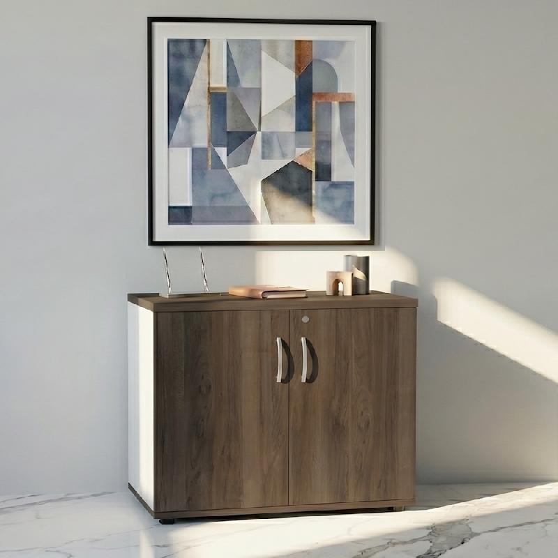 Armoire de bureau avec portes décor bois - MDD - Noyer, Blanc pastel_4