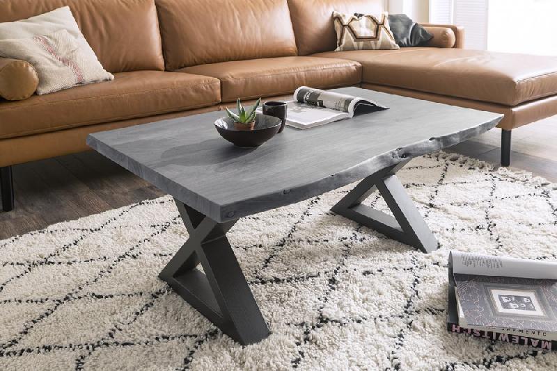 Table basse Claren - plateau 110 cm en acacia massif laqué gris - piétement en X laqué anthracite_4