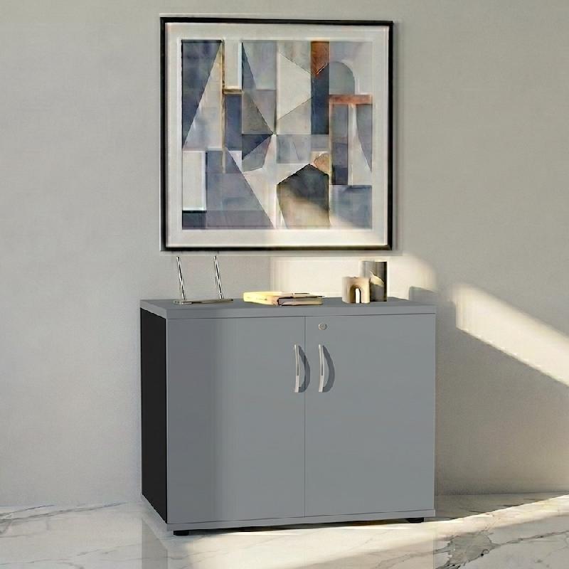 Armoire de bureau avec portes décor bois - MDD - Gris aluminium, Noir_4