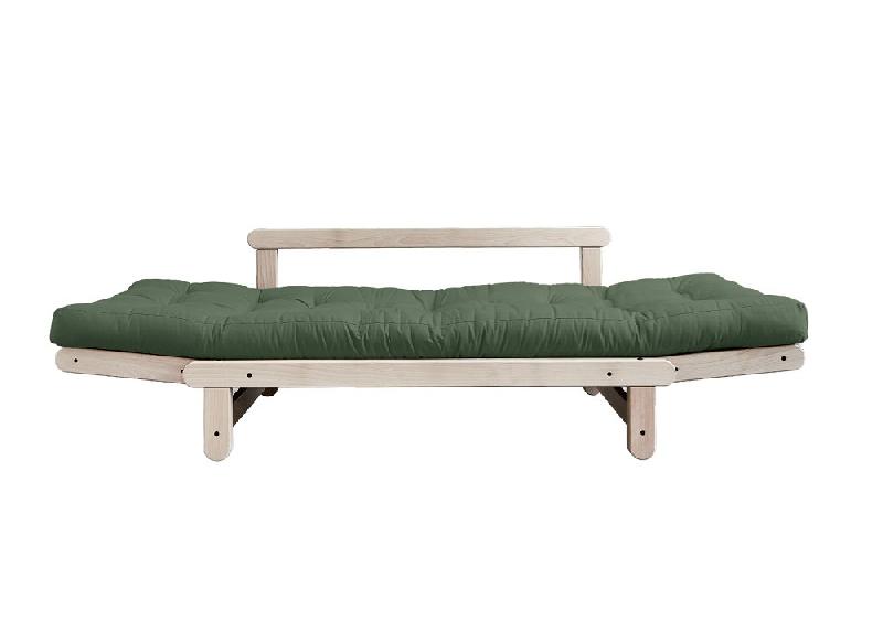 Banquette méridienne futon Beat - Pin naturel, tissu vert olive, couchage 75x200 cm_4